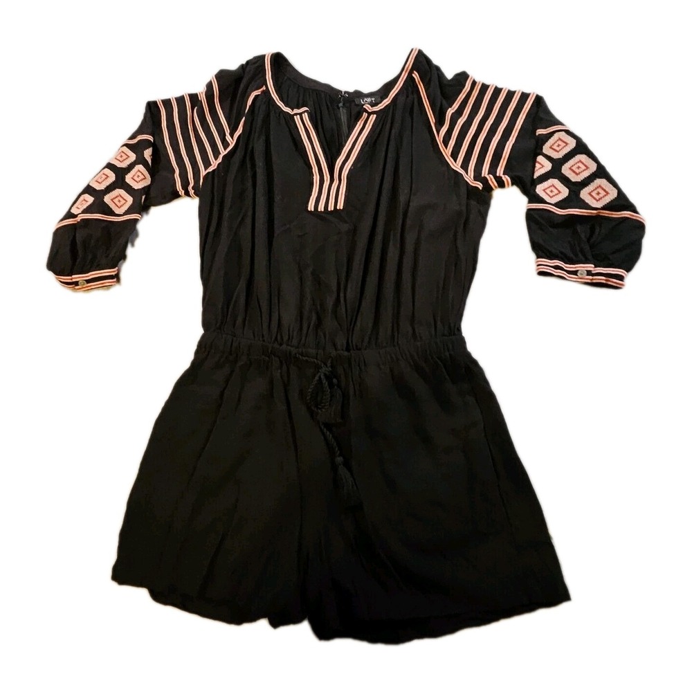 LOFT Womens Black Aztec Embroidered Boho Romper Long Sleeve Tassel S 1-00816